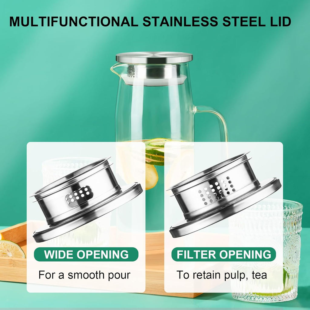 Glass Pitcher with Lid and Spout 50oz/ 1.5L, Hot/Cold Water Pitcher, Iced Tea Pitcher for the Shelf of Fridge, Easy