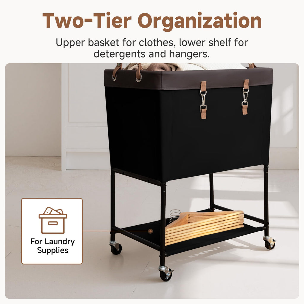 Laundry Cart, 2 Tier Rolling Basket with Wheels, 29 Gal, Black