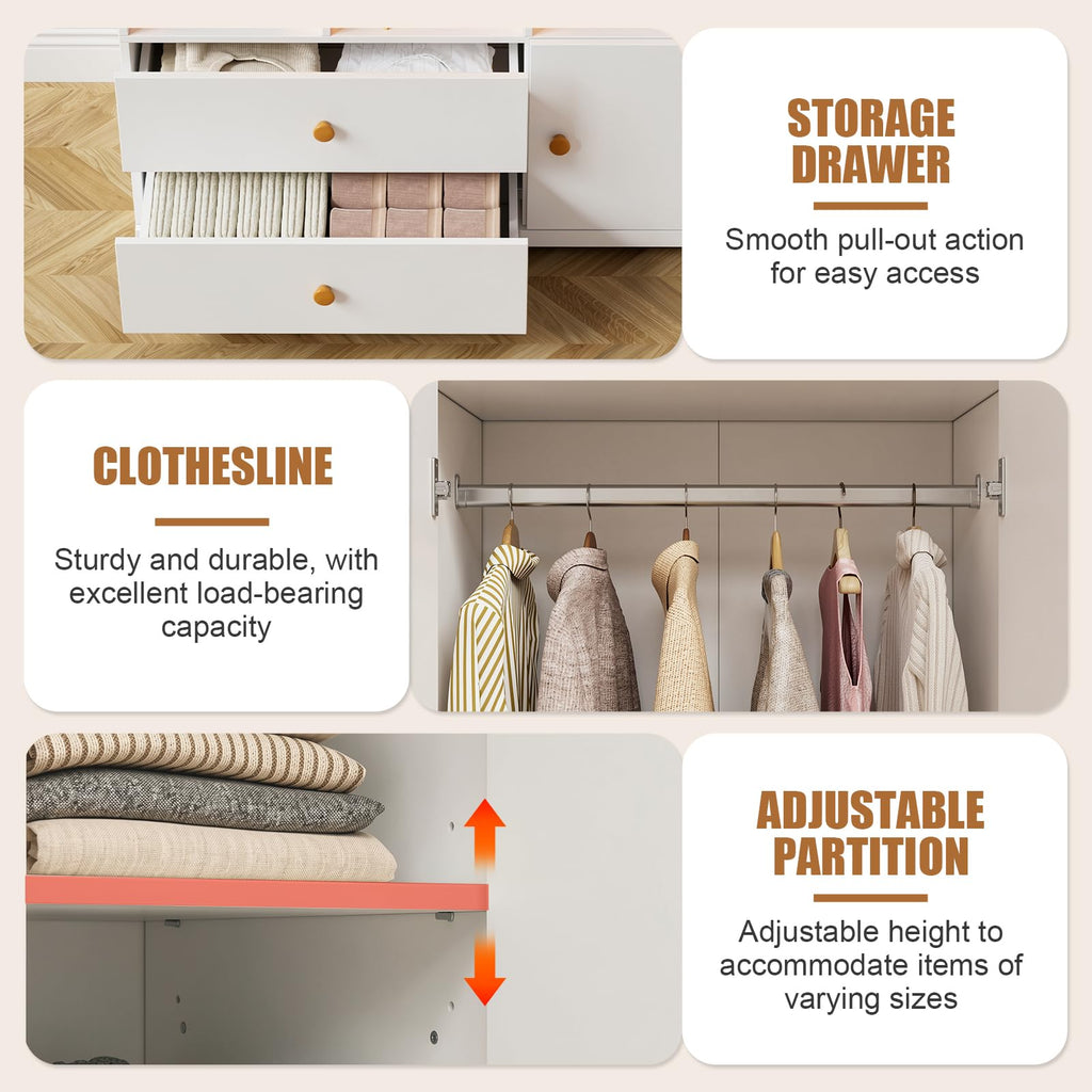 3‐Door Armoire Wardrobe Closet, 71" Bedroom Cabinet with Mirror