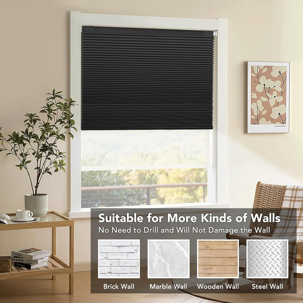 Cordless Blackout Cellular Shades, 16" W x 36" H, Black Gray, Custom Size Honeycomb Blinds for Windows, No Drill No