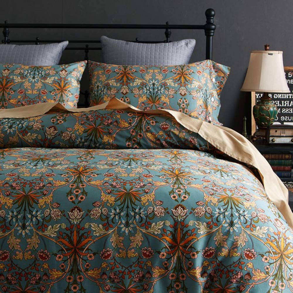 Green Gold Duvet Cover Queen, Medallion Paisley Print Bedding Set 400 Thread Count Percale Cotton Vibrant Bohemian