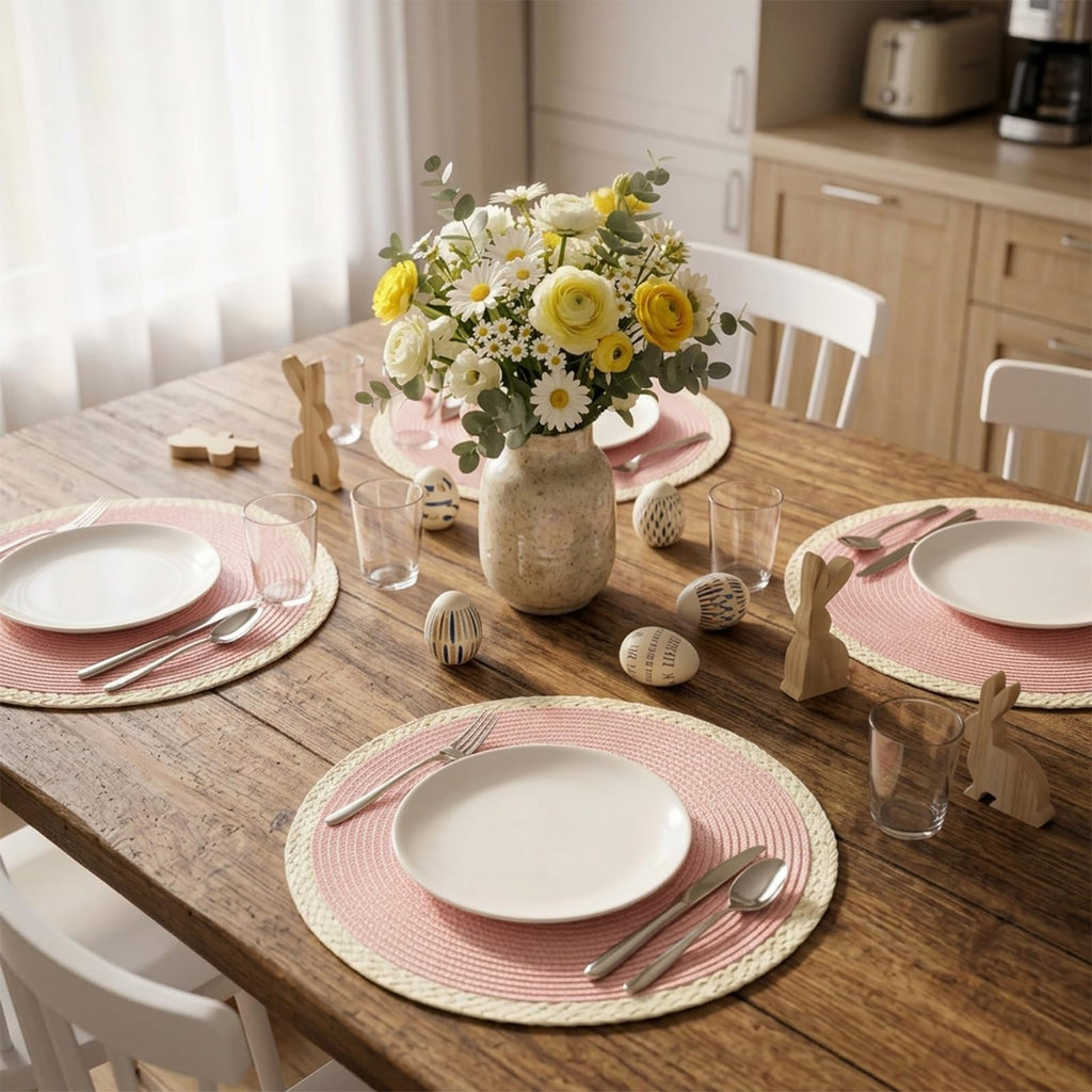 Round Placemats Set of 6, Woven Table Mats, Mint Pink