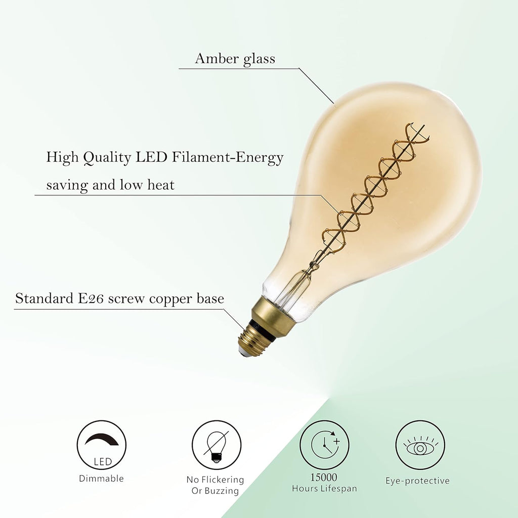 PS160 Large LED Edison Light Bulbs Dimmable 8W 450lm E26 2200K 1PC