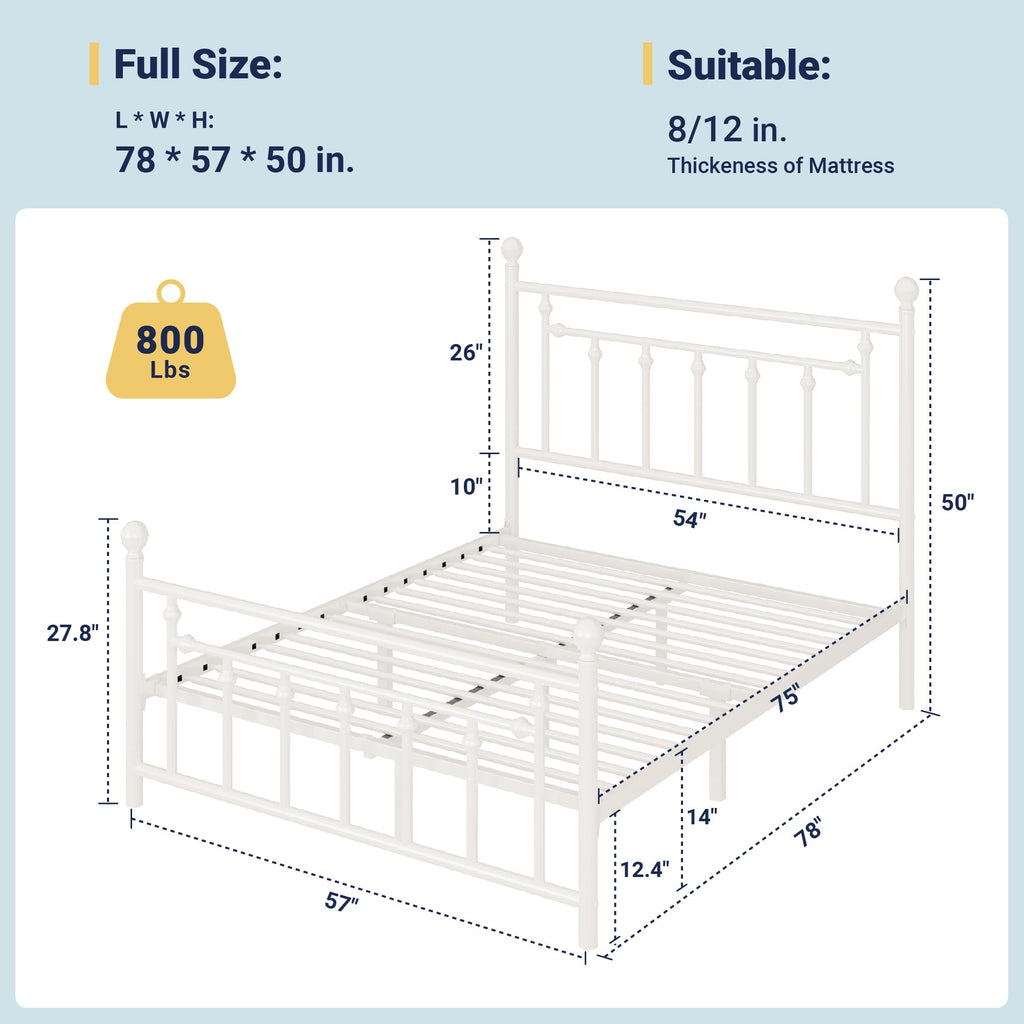 14'' Metal Platform Bed Frame, Vintage Headboard, White