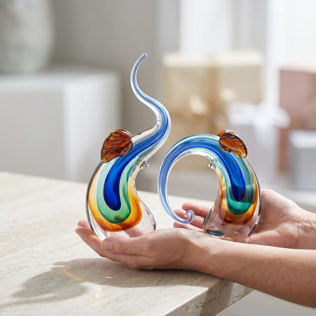 Hand Blown Elephant Statues Set - Luxury Sculptures Home Decor Art Glass Ornament Animal Collectible (Blue)