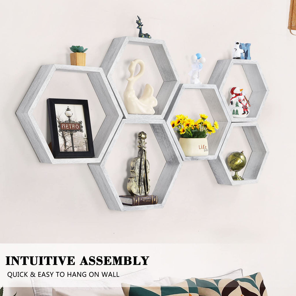 Hexagon Floating Shelves Set of 6, Wall Mounted Wood, Grey