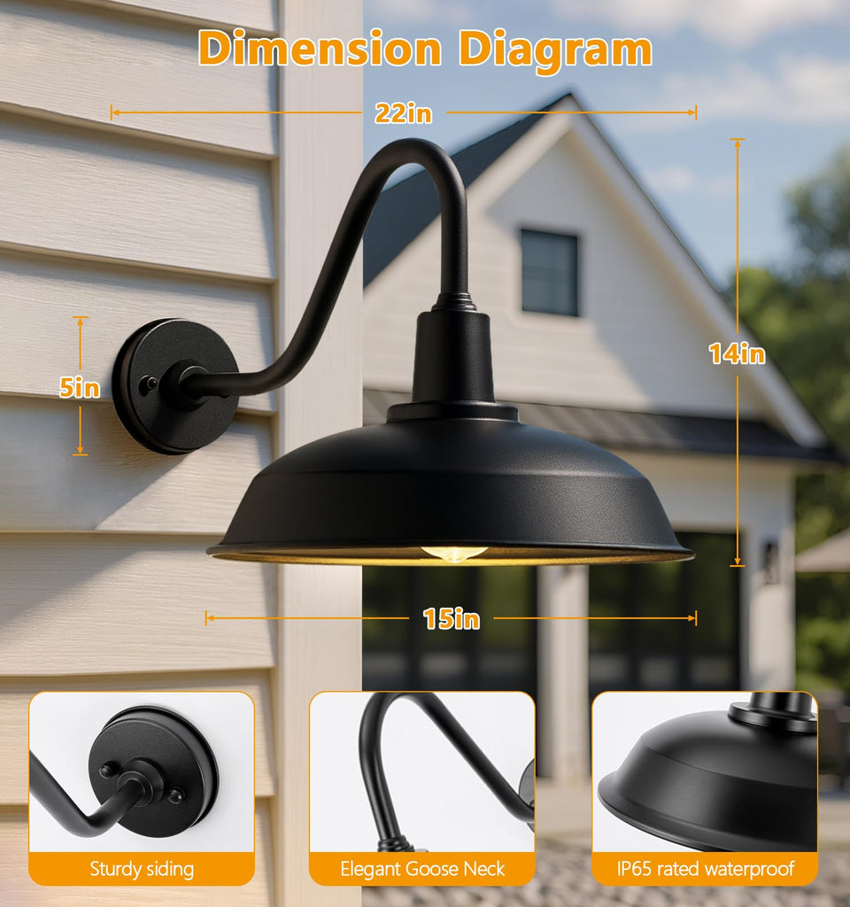 15" Black Outdoor Gooseneck Barn Light, Farmhouse Wall Light