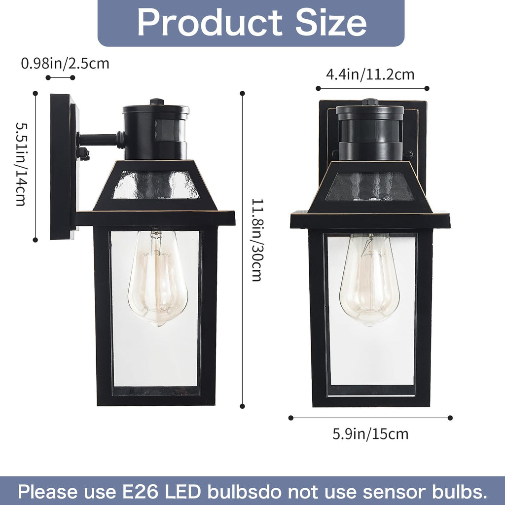Motion Sensor Porch Light, Dusk to Dawn Outdoor Wall Light, Black, 2 Pack