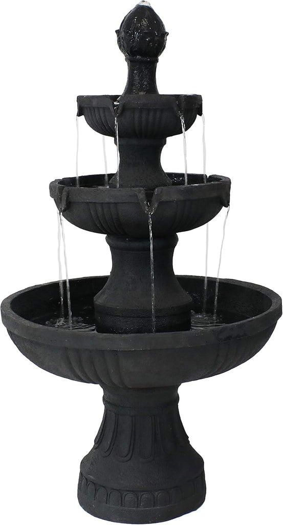Flower Blossom 43" Tiered Outdoor Water Fountain - 3-Tiered Outdoor Fountain - Black Finish