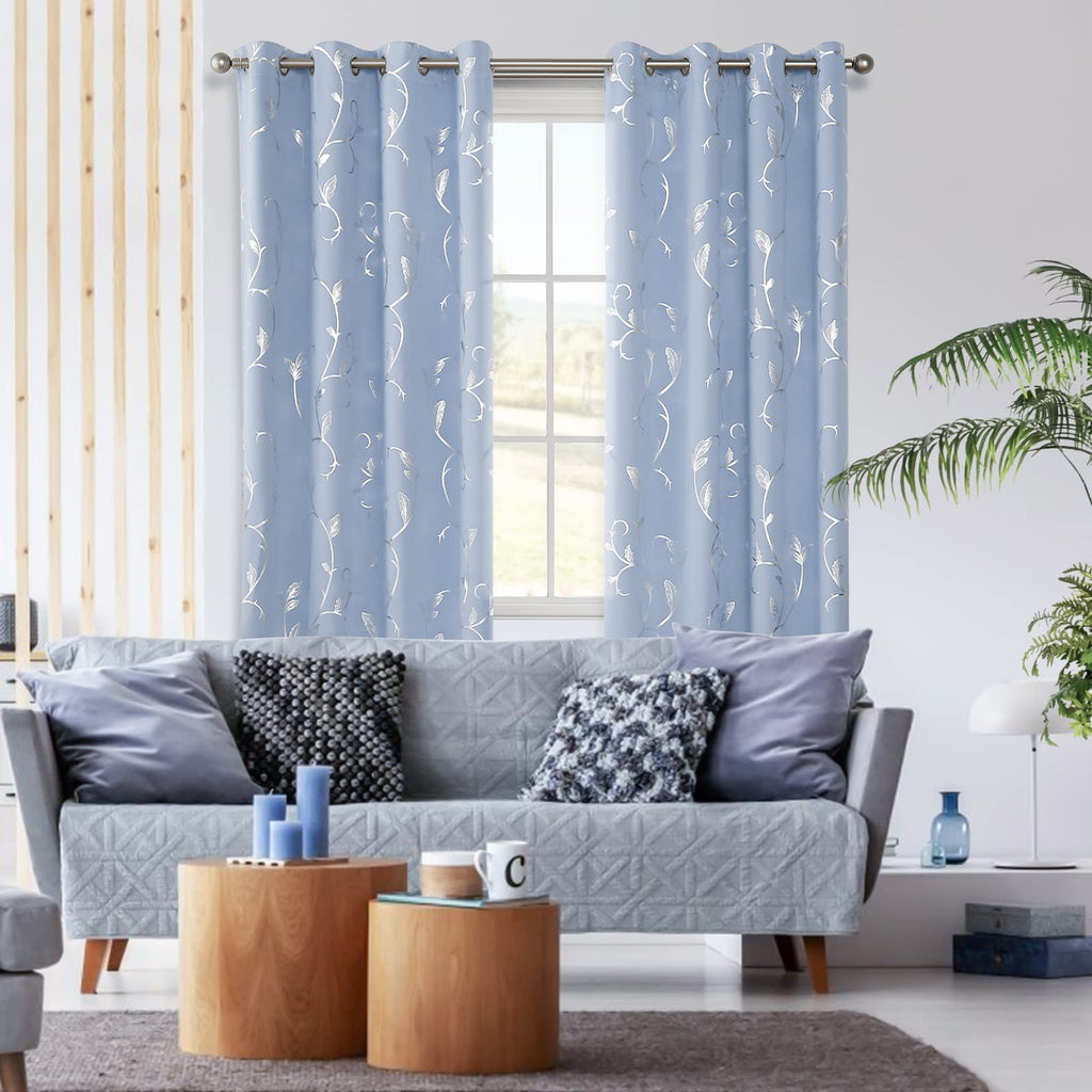Blue Blackout Curtain 2 Panel Set Vine Foil Print Thermal Insulated Drapes Room Darkening Curtains Grommet Window