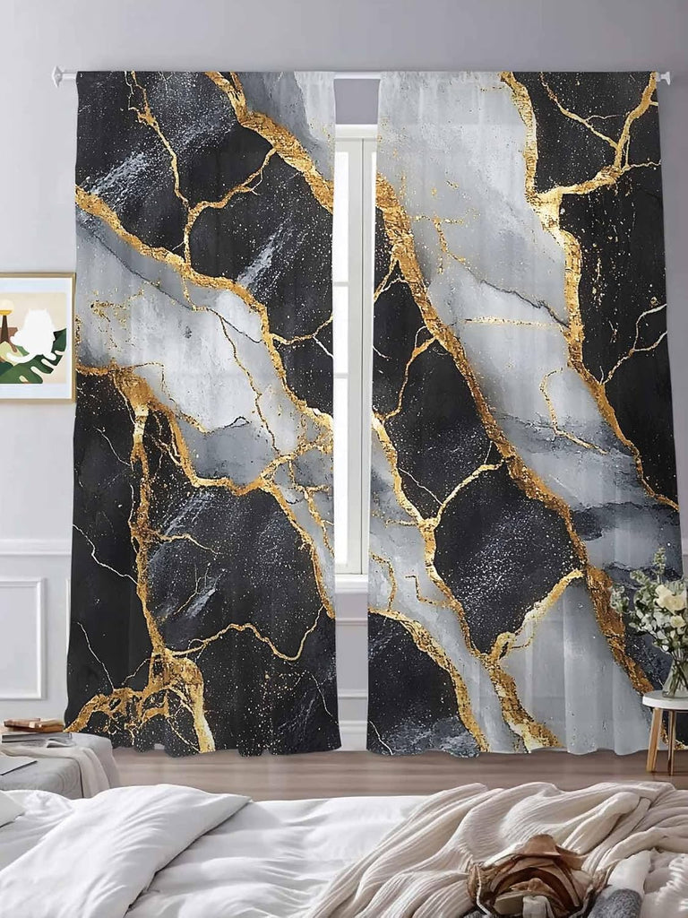 Sheer Curtains 96 Inches Long 2 Panels Set, Marble Black Semi Sheer Curtains for Windows, Grey Granite Surface Luxury