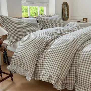 Tan Gingham Ruffle Duvet Cover King, 3 Pieces Taupe Soft Pre-Washed Microfiber Checked Plaid Comforter Cover Set