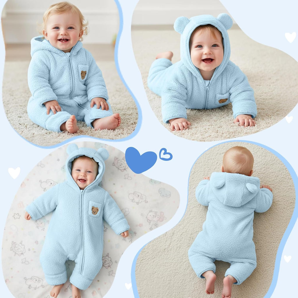 Baby Snowsuit Fleece Bunting - Winter Bear Onesie Warm Hooded Romper with Foldover for Infant Boys Girls