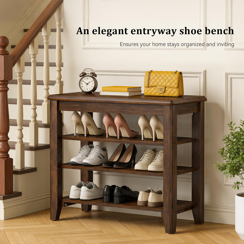 Shoe Bench with 3 Tier Adjustable Shelves Rubberwood Entryway 23.6''