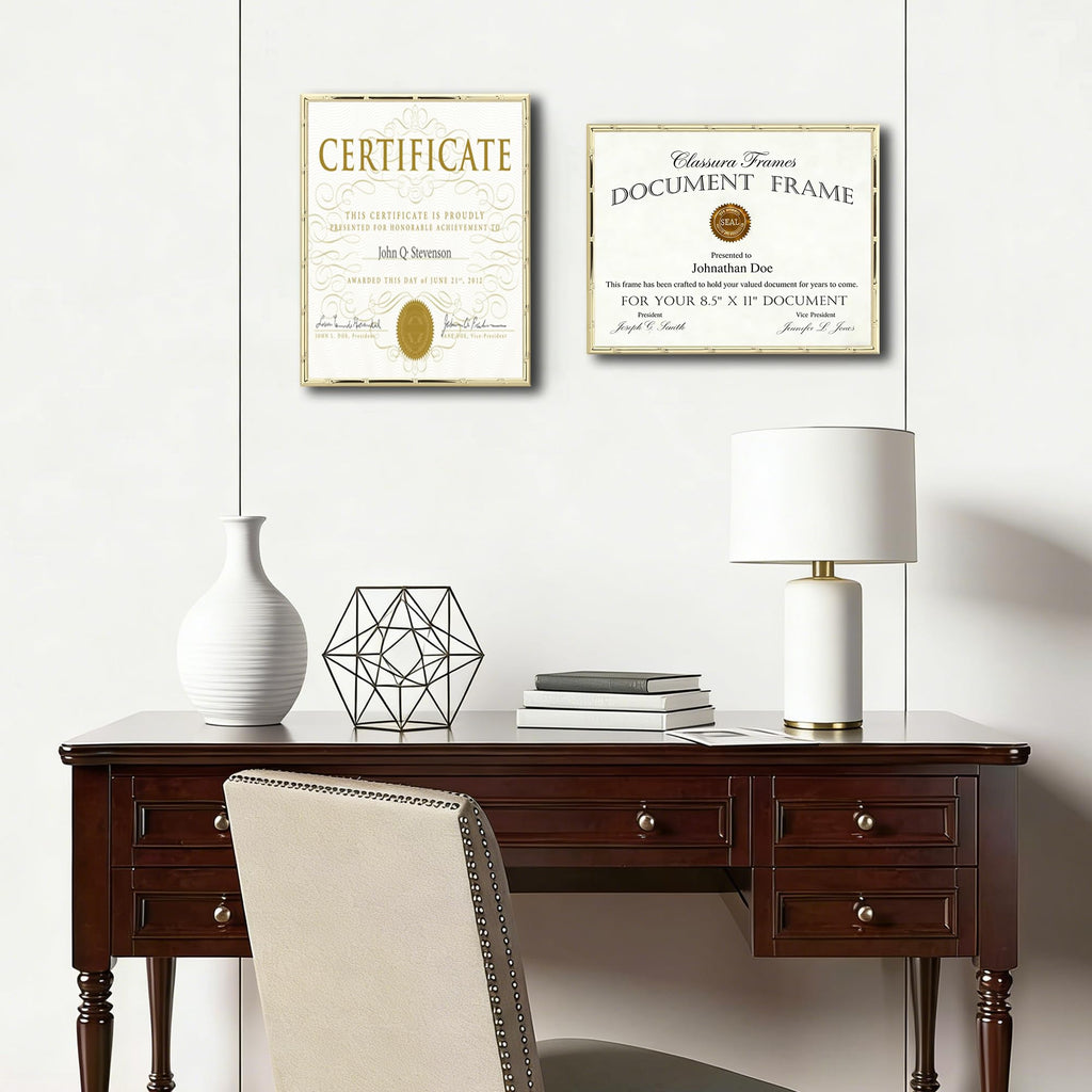 Gold 8.5x11'' Bamboo Detail Designs Metal Certificate Frame 2pack, 8.5x11'' Document Frames, Elegant Gold Plated