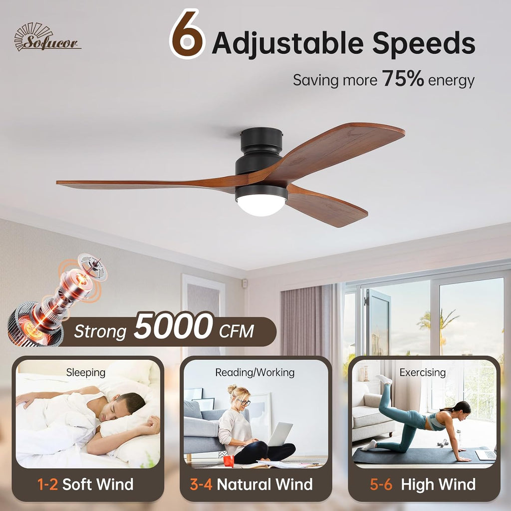 52" Smart Ceiling Fan with Lights and Remote Solid Wood - Blackbrown