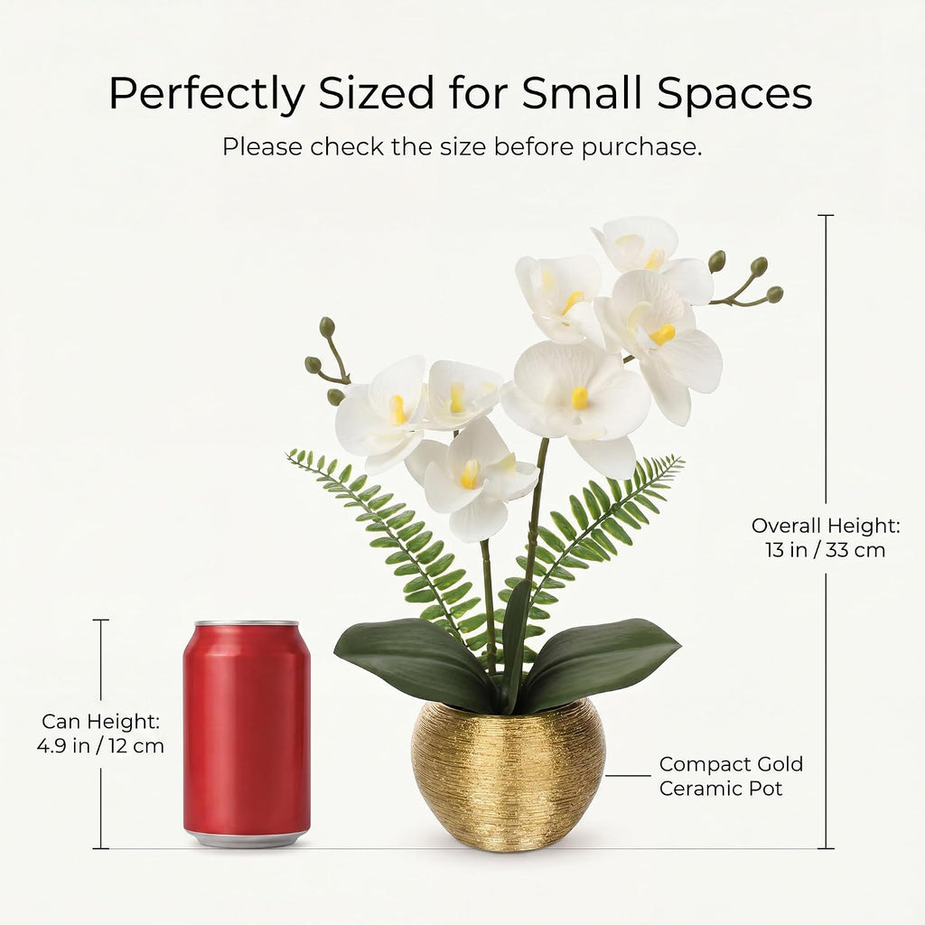 Artificial Orchid Flowers in Gold Ceramic Pot, 13" Small White Faux Phalaenopsis Orchid Floral Arrangement Fake Silk