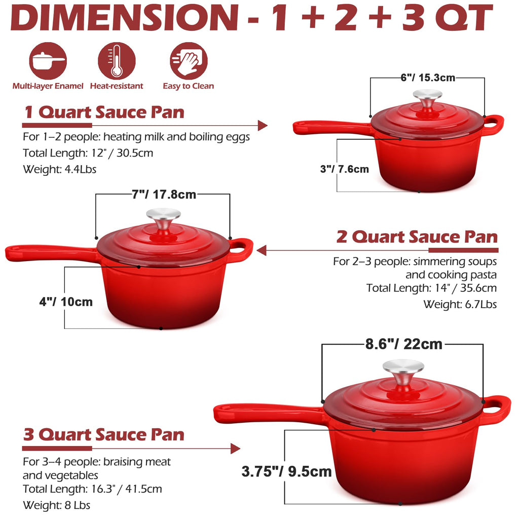 Enamel Cast Iron Saucepan Set, Dutch Oven Cookware Kit, Red