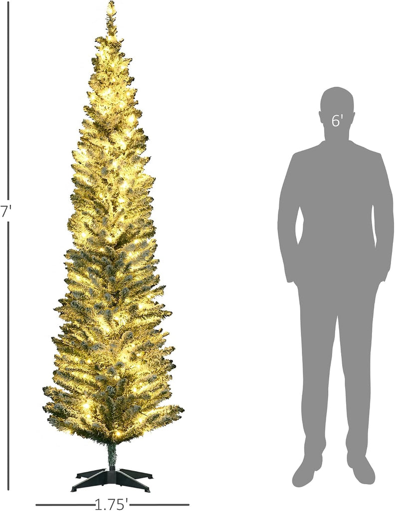 Pencil Christmas Tree 7' Tall Pre-Lit Slim Noble Fir Green | Artificial, 210 Warm White LED Lights, 499 Tips, for
