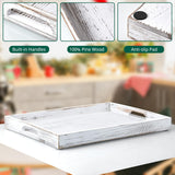 17 Inch Rustic White Serving Tray with Handles - Large Wooden Tray for Ottoman, Breakfast in Bed, Dinner, Coffee Table