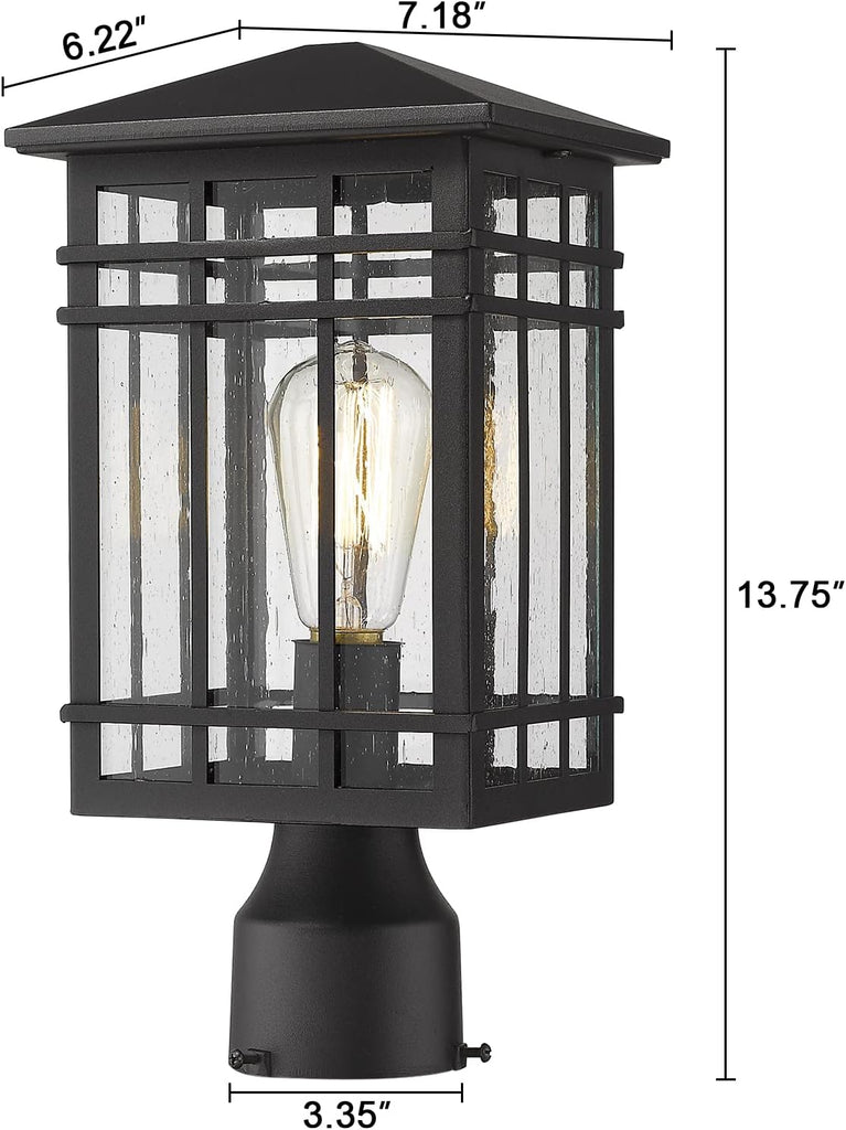 Outdoor Post Lights Fixture - Exterior Post Lantern with Seeded Glass in Black Finish - Pillar Light Ideal for Patio