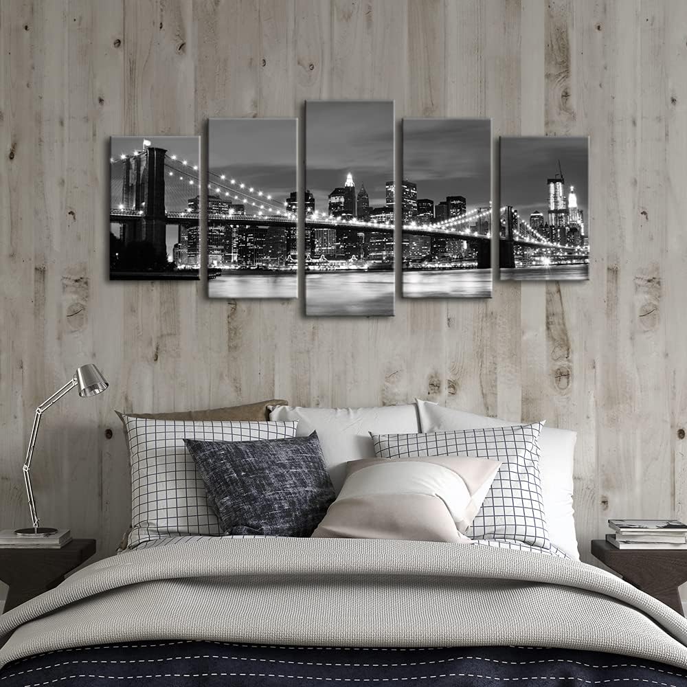 New York Brooklyn Bridge Canvas Wall Art Night View 5 Panels Modern Landscape Artwork Canvas Prints Abstract Pictures