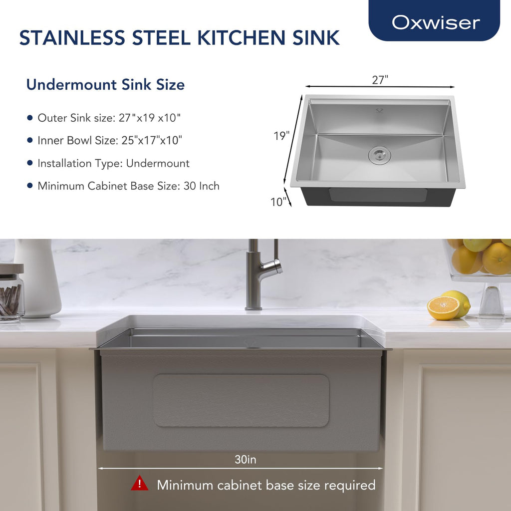 27 Inch Undermount Kitchen Sink 16 Gauge Stainless Steel Ledge Workstation Sink Round Corners Deep Single Bowl