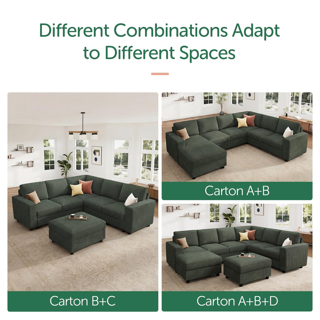 Corduroy Sectional Sofa with Storage Ottoman, 6 Seaters L Shaped Small Sectional Couch, Green