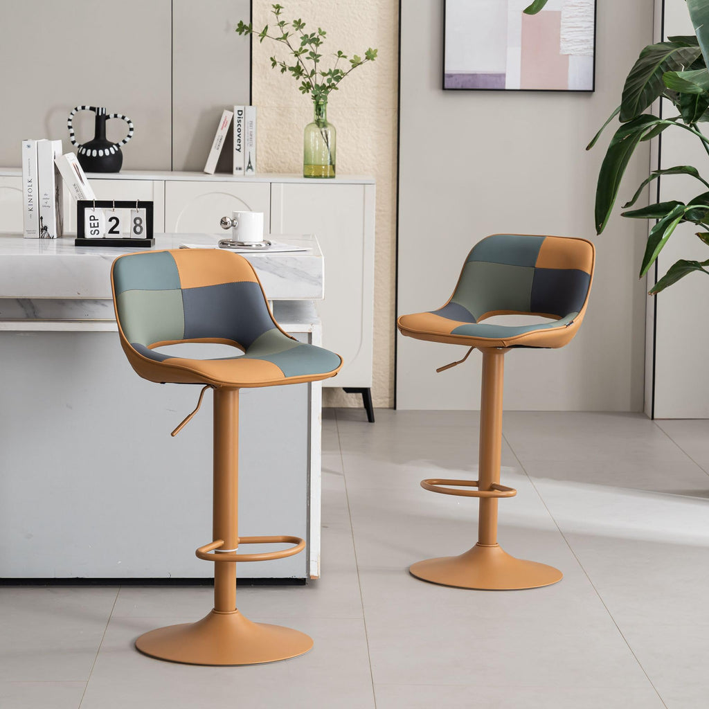 Bar Stools Set of 2, Boho Colorful Patchwork Barstools, Adjustable Swivel Counter Height Bar Stool Faux Leather