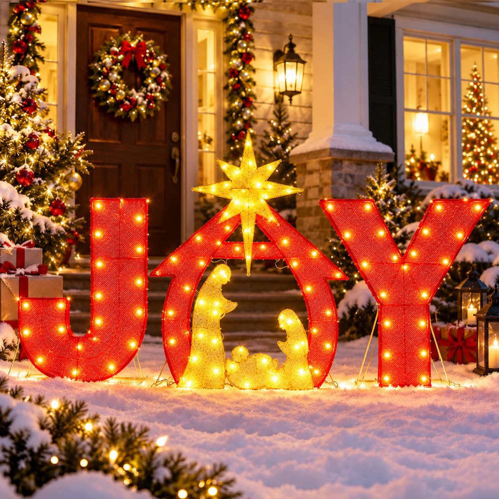 6Ft x 4Ft Outdoor Christmas Decor Lighted Joy Nativity Yard Sign