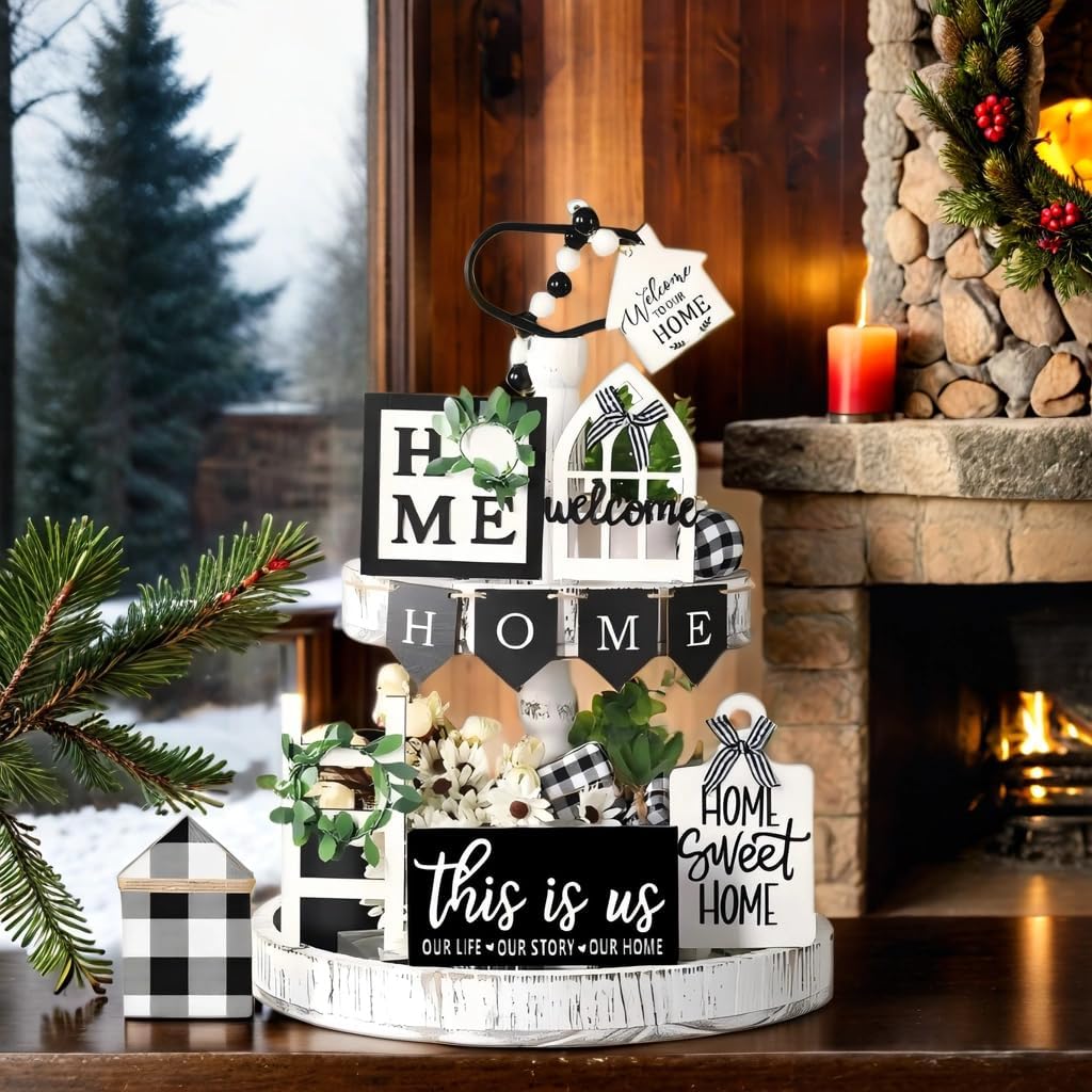 Farmhouse Tiered Tray Decor Set-Rustic Wooden Mini Signs and Decorations and Kitchen Display (Tiered Tray Not - Set of 11