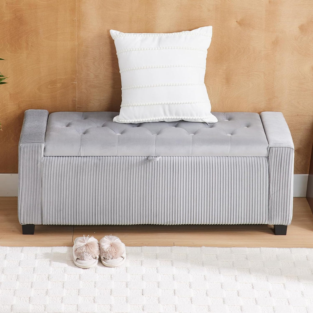 43 Inch Velvet End of Bed Storage Bench, Gray Ottoman with Storage | Storage Ottoman Bench, Safety Hinge, Holds 330