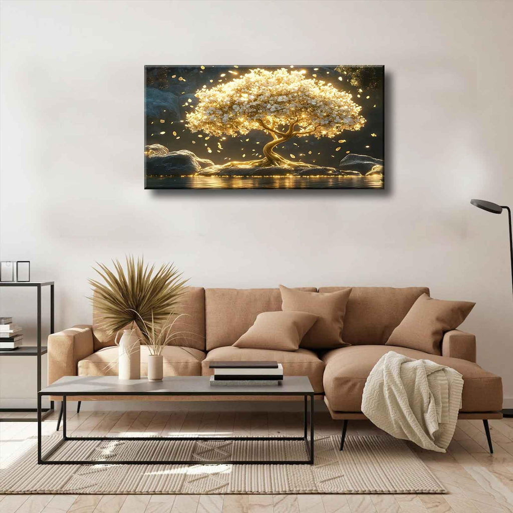 Large Tree of Life Canvas Wall Art Abstract Gold Tree Mountain Lake Decor painting Pictures Nordic Golden White