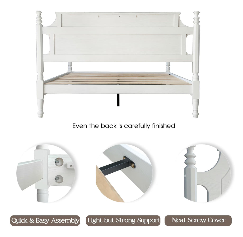 Solid Wood Queen Size Platform Frame, Headboard & Footboard, No Box Spring Needed, 12 Wooden Slats, Center Metal