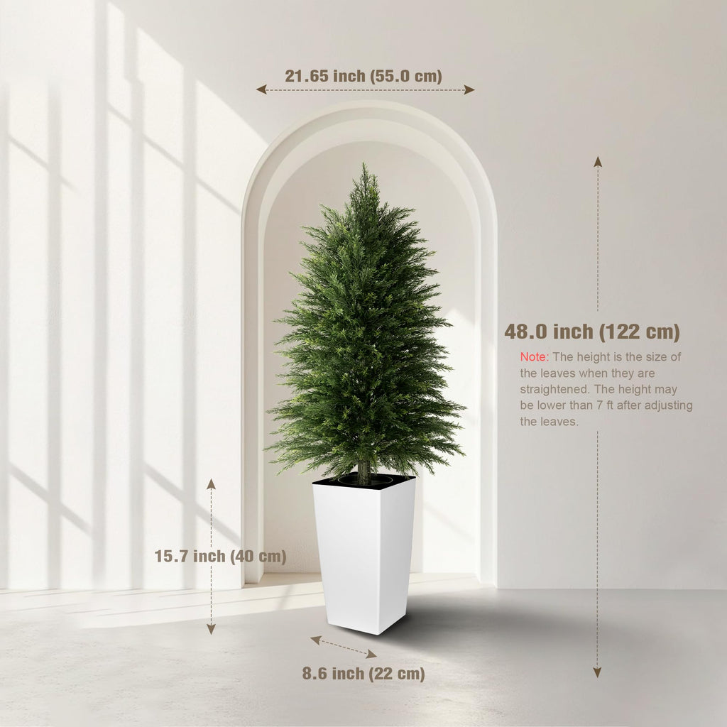 4FT Tall 2 Pack Artificial Cedar Topiary Trees with Full Bushy Columnar Shape, Realistic Faux Cypress in Square White