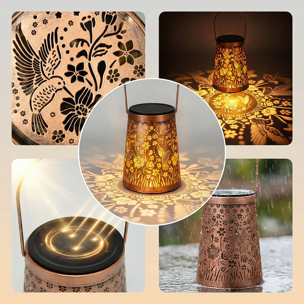 Hummingbird Solar Lanterns, Hanging Garden Lights, 4 Pack, Copper