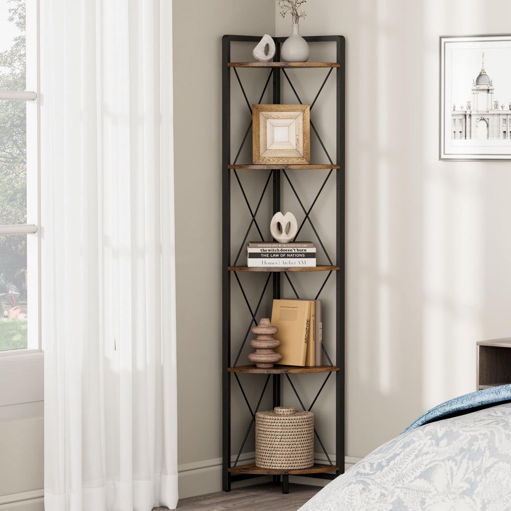 5 Tier Corner Shelf Stand, 64" H Tall Corner Bookshelf, Rustic Brown