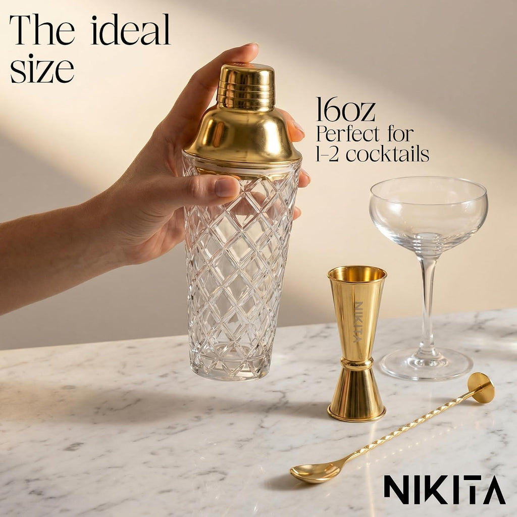 Nikita Cocktail Shaker, 5-Piece Martini Shaker & Bartender Kit with Bar Accessories Strainer, Jigger, Spoon & - Set of 5