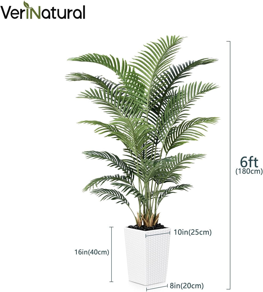 6FT Artificial Palm Tree - Tall Fake Tree with White Taper Planter & Pebbles, UV Resistant Decor - Large Potted Faux