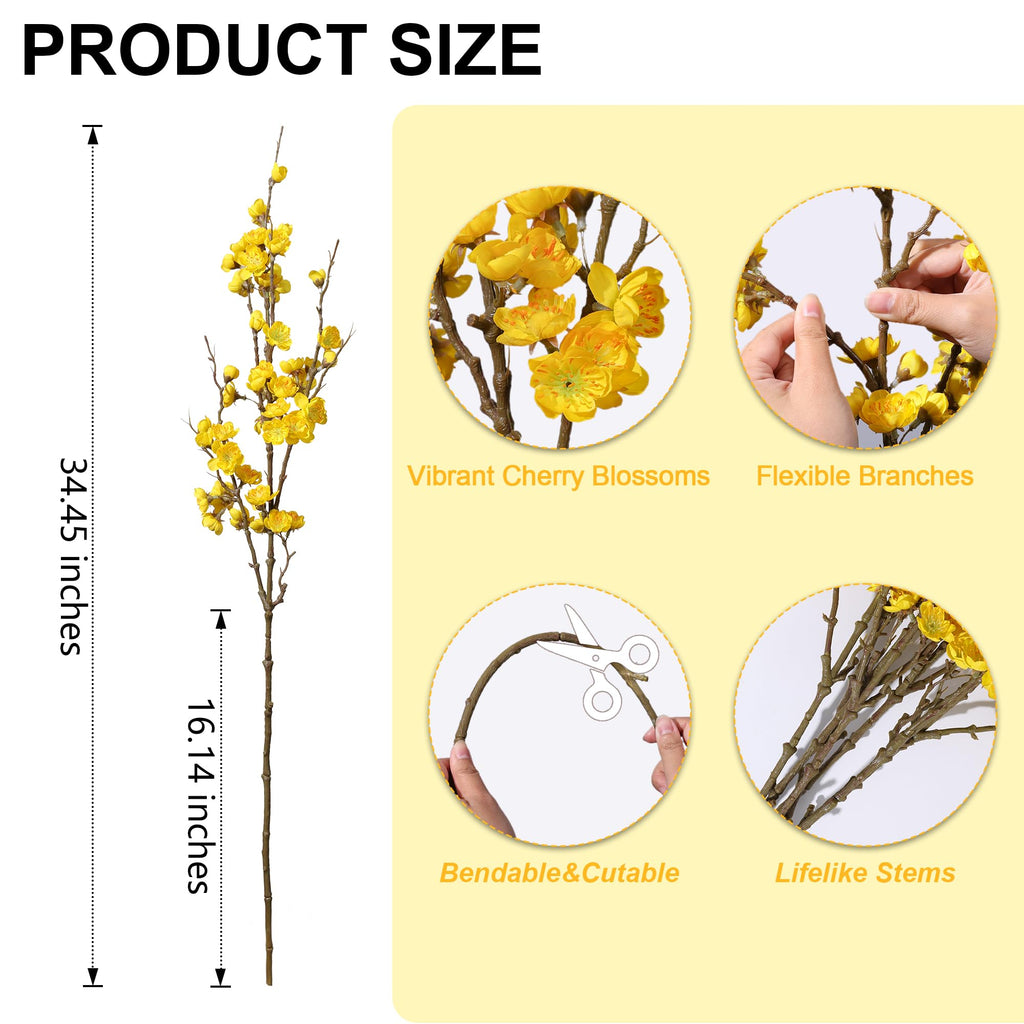 6 PCS Artificial Cherry Blossom Branches Spring Indoor Decoration, Faux Yellow Silk 34.45" Long Stems Real Touch Plum