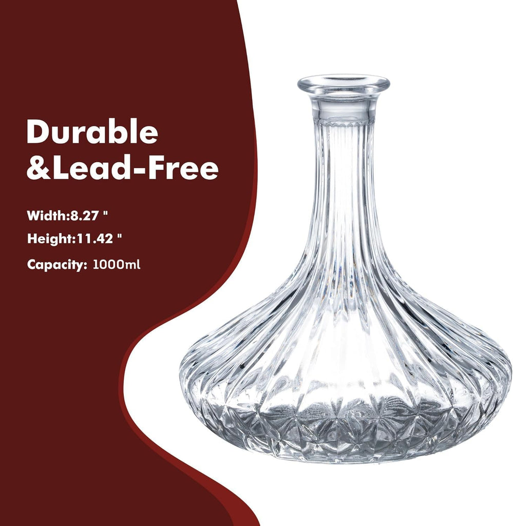 1000ml Wine Decanter with Glass Stopper - Wide Base for Rapid Aeration, Drip-Free Spout, Gift Box for Red Wine