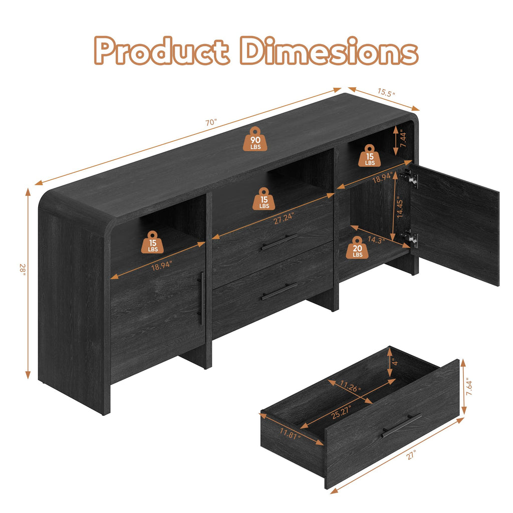 70" Curved TV Stand with Storage for TVs Up to 80", Modern Entertainment Center with 3 Open Shelves & 2 Drawers