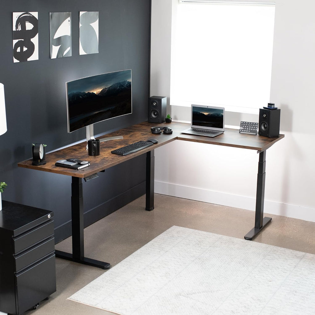 Black Electric Corner 3 Leg Standing Desk Frame, DESK-V130EB | Triple Motor, Height Adjustable, L-Shaped, Holds up to