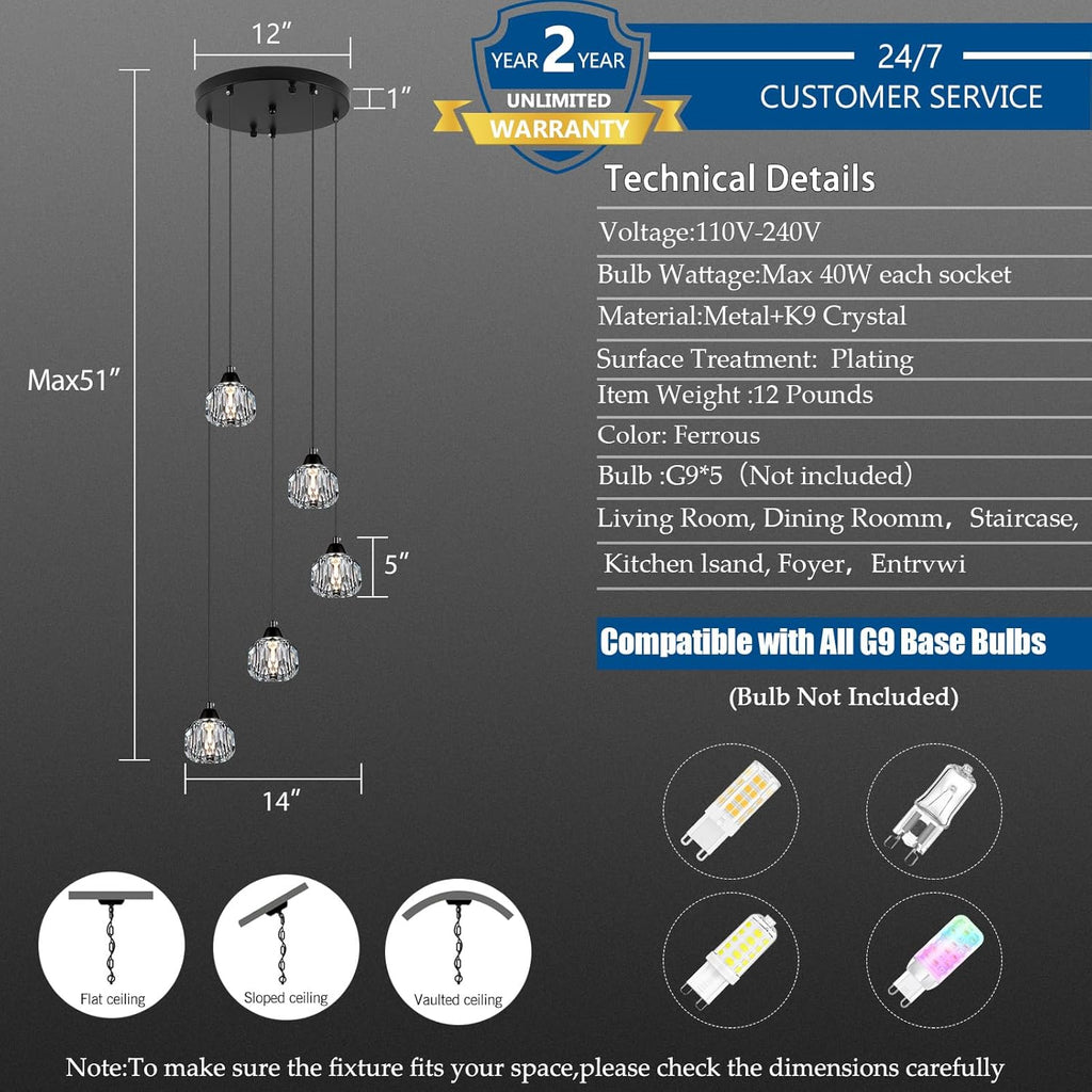 Crystal Chandeliers for Dining Room Lights Fixture Over Table, 5-Light Black Modern Pendant Light Fixture_Crystal Chandeliers for Living Room Kitchen Island Staircases Foyer Hallway Bar A116-B0DSVJ53Y6
