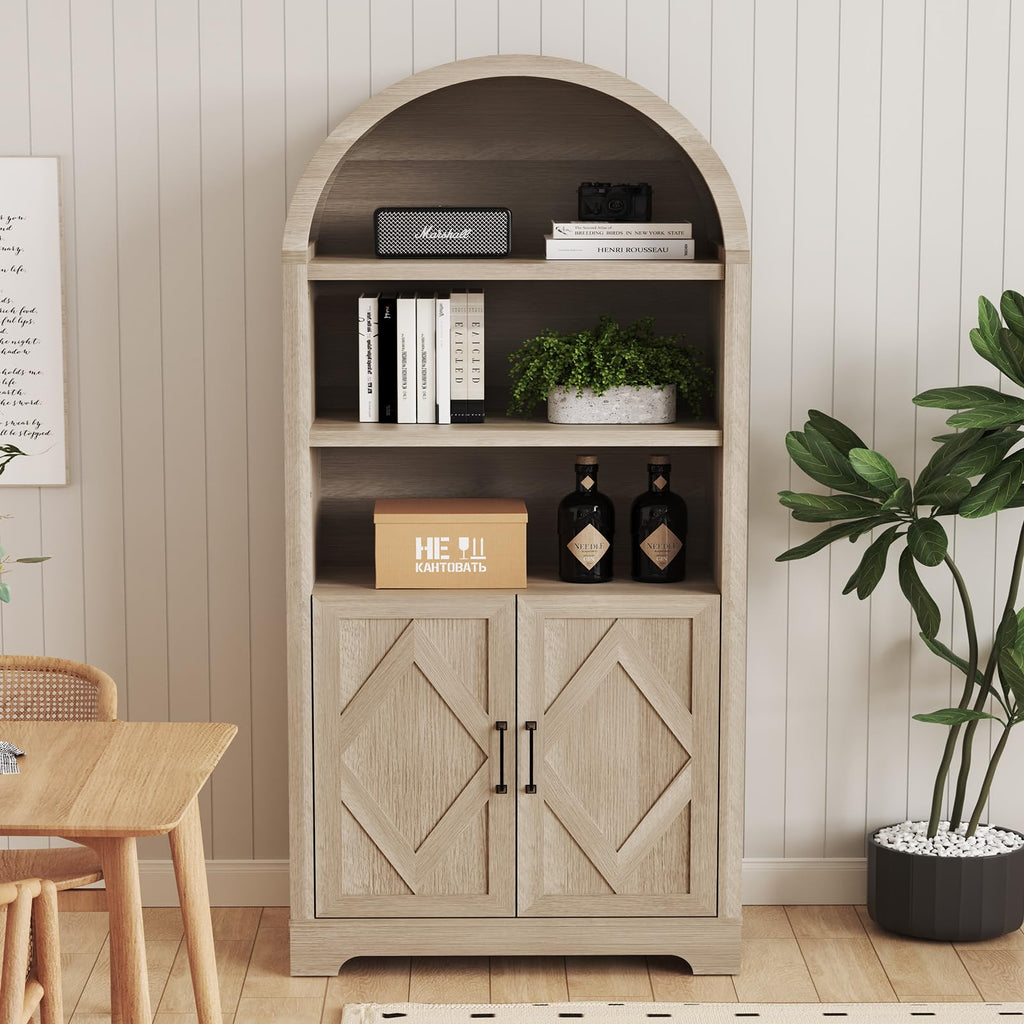 71" Tall Arched Bookcase with Storage, 5 Tier Mid-Century Modern Arched Cabinet with Doors, Farmhouse Wood Kitchen