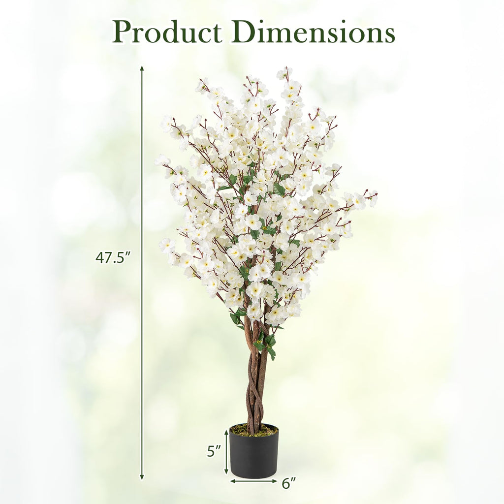 47" Artificial Wintersweet Tree, Faux Plum Blossom Plant with White Fabric Flower, Solid Wood Trunk, Fake Potted