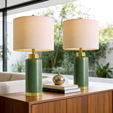 25" Green Ceramic Table Lamp Set of 2, Modern Mid-Century Bedside Nightstand Lamps Living Room, Linen Shade & Gold