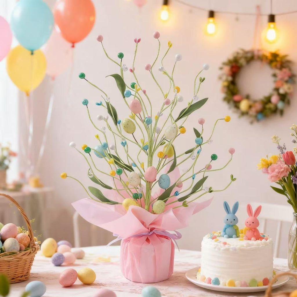 Easter Egg Tree Table Decor, 16.53 Inch Pre-Lit Artificial Easter Tree with Pastel Eggs & Berries, Spring Centerpiece