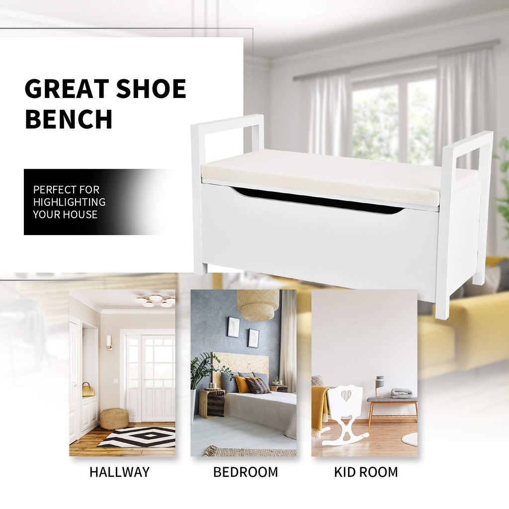 Shoe Storage Bench with Cushion, Entryway Storage Benches, End of Bed Bench, Wood Shoe Bench with Seat, 34" L×15"