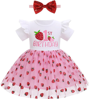 Baby Girl First Birthday Cake Smash Outfit Short Sleeve Tulle Tutu Princess Dress with Bowknot Headband Set